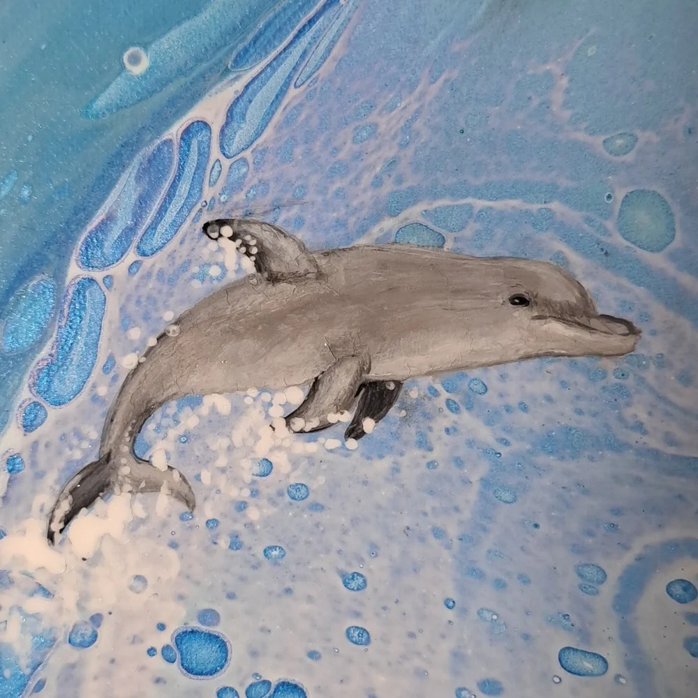 SOLD Hand Crafted Dolphins Acrylic Painting Original Fluid Wall Art Essential - Picture 3 of 9